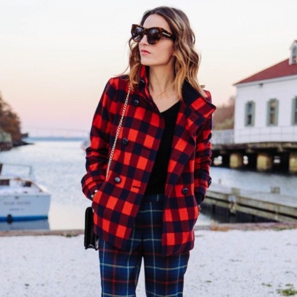 Talbots Jackets & Blazers - Talbots Red and Navy Checkered Pea Coat